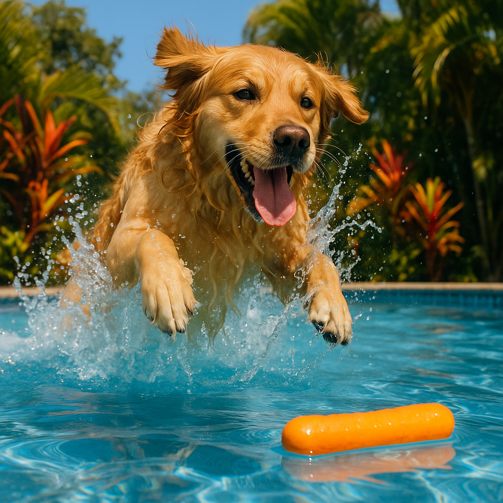 A happy Golden Retriever dog mid-air, jumping out of a bright blue swimming pool, creating a large splash, with an orange floating toy visible in the water below. Lush green and red tropical foliage is in the background under a clear blue sky.